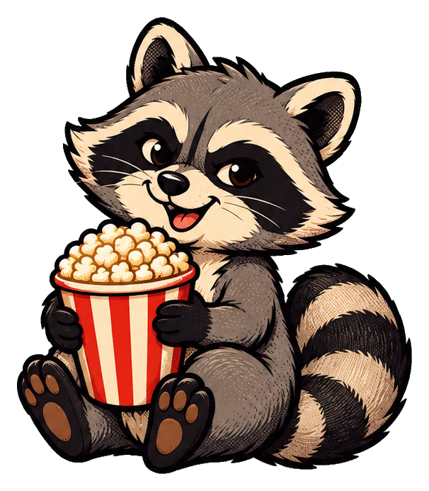 Cartoon raccoon holding a striped popcorn tub and sitting playfully.