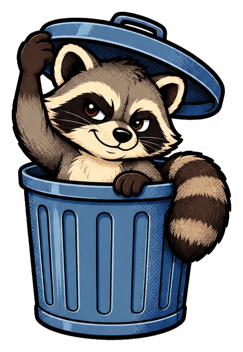 Cartoon raccoon peeking out of a blue trash can with the lid on top.