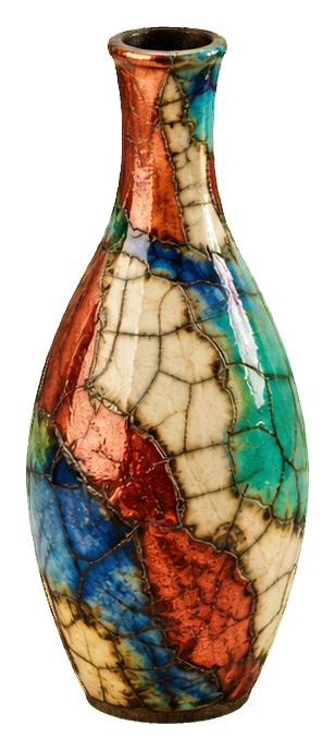Colorful raku-style bottle vase with crackled ceramic glaze