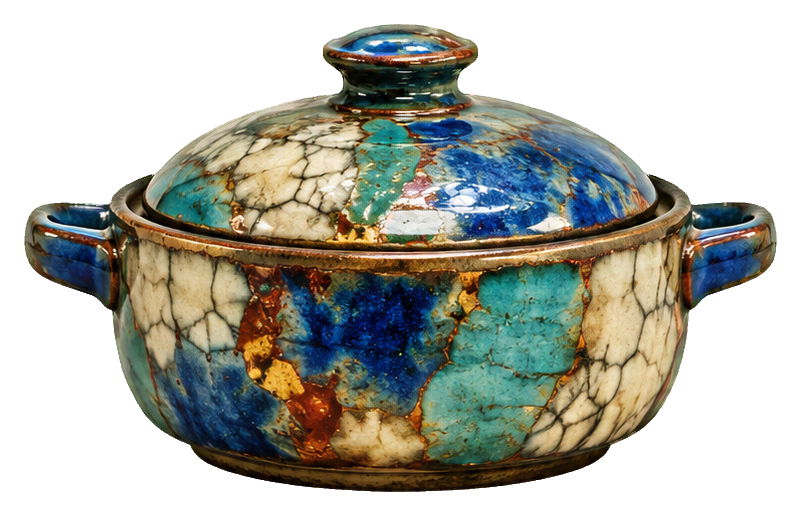 Covered raku pottery casserole with lid, handles, and blue brown glaze