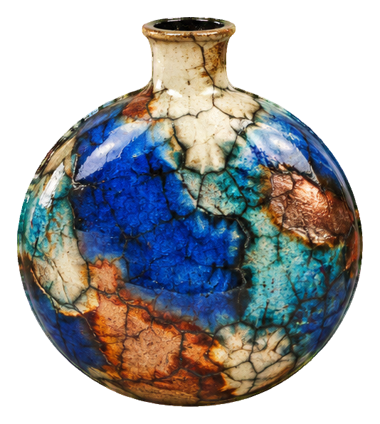 Colorful raku pottery flask with blue, white, and orange crackled glaze