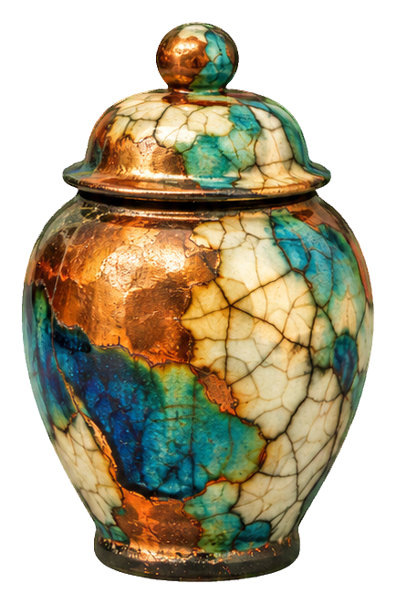 Colorful raku pottery ginger jar with a domed lid and cracked glaze finish