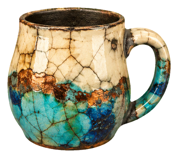 Raku pottery handled mug with cracked glaze and blue-green lower section