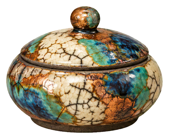 Decorative raku pottery incense box with a rounded lid and crackled glaze pattern.