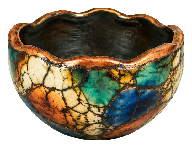 Colorful raku pottery bowl with scalloped rim and cracked glaze texture