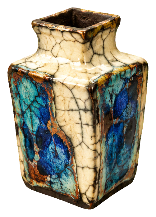 Square raku pottery vase with crackled glaze in cream, blue, and brown tones