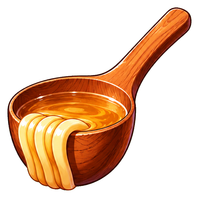 Wooden ladle holding ramen broth with noodles draped over the rim