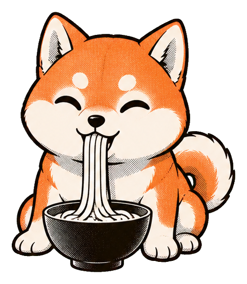 Cute shiba inu slurping noodles from a bowl of ramen.