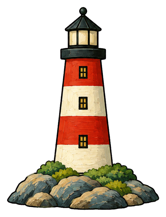 Red and white striped lighthouse standing on rocks with green shrubs at the base