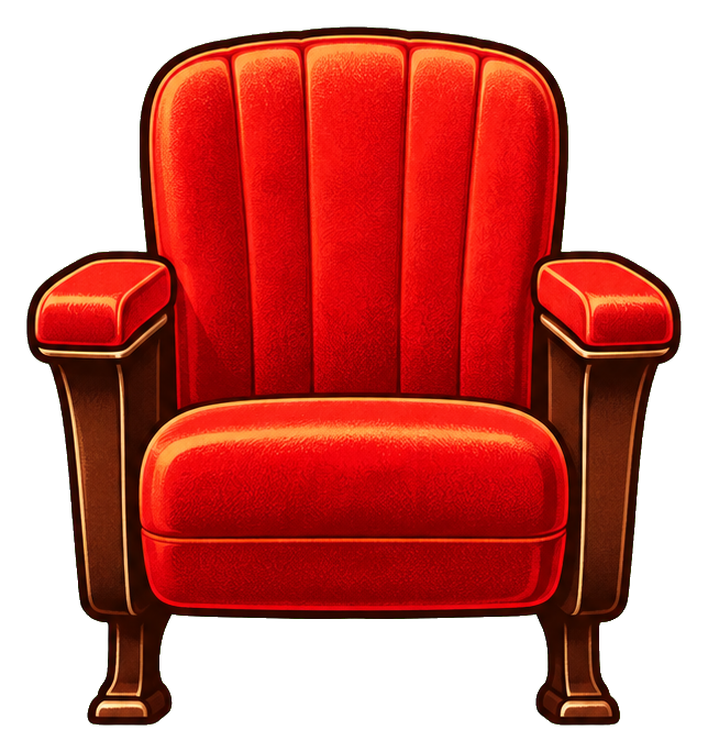 Red vintage cinema seat sticker with armrests and cushioned back, transparent background.