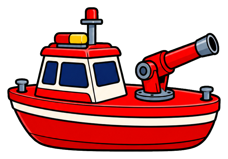 Red fire boat with rescue equipment and a mounted water cannon