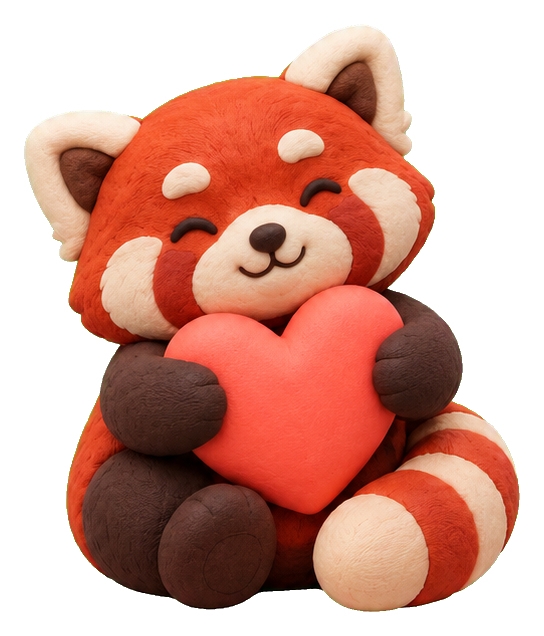 Cute red panda holding a pink heart with a cozy claymation look