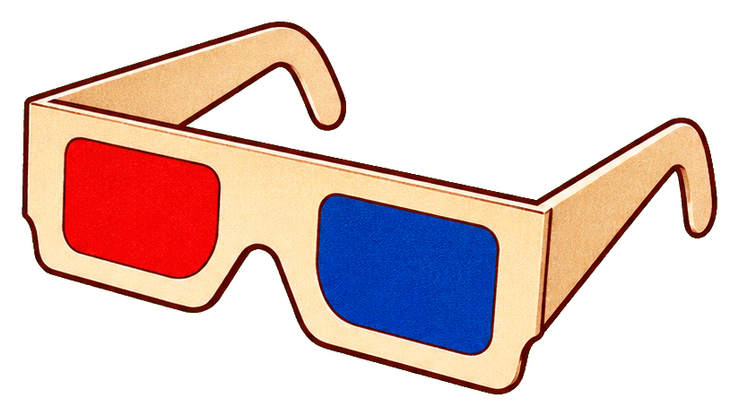 Retro 3D glasses sticker with beige frame and red and blue lenses.