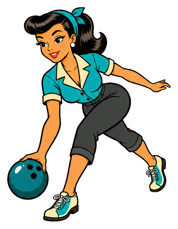 Retro-style woman bowler crouching with a bowling ball and pinup outfit