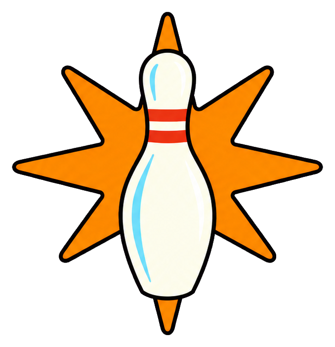 White bowling pin on an orange atomic starburst background