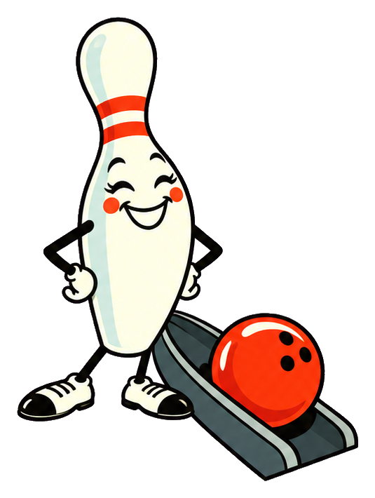 Smiling retro bowling pin standing beside an orange bowling ball and lane board.