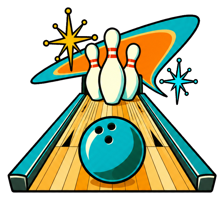 Retro bowling lane with a bowling ball, pins, and starburst accents
