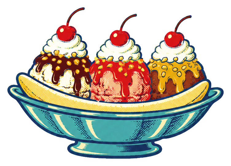 Colorful banana split dessert in a retro diner style bowl with whipped cream and cherries
