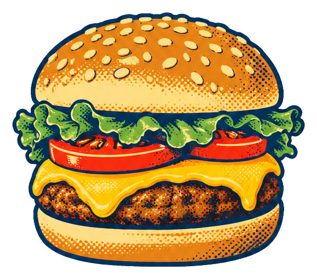 Colorful retro diner cheeseburger with lettuce, tomato, cheese, and sesame bun.