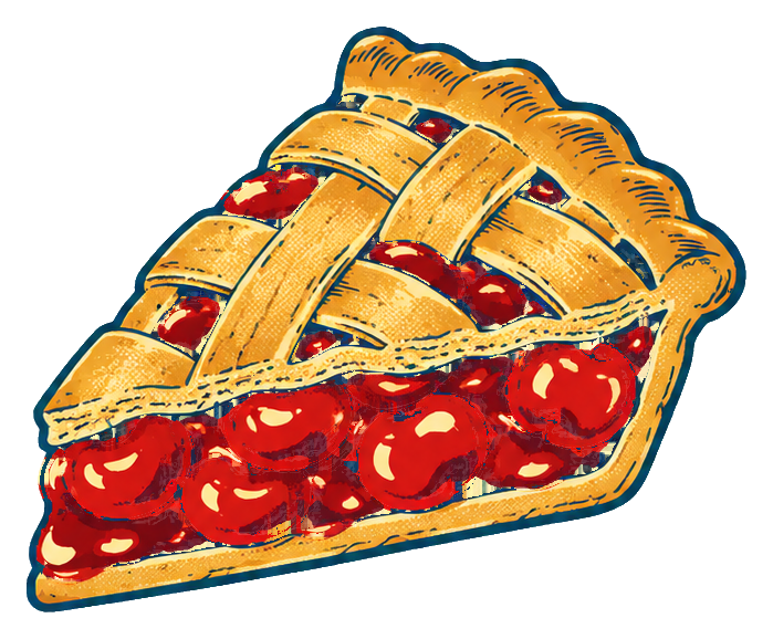 Slice of cherry pie with a lattice crust in a retro diner sticker style.