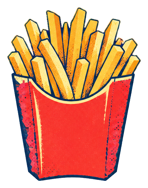 A retro red carton of golden French fries in sticker style