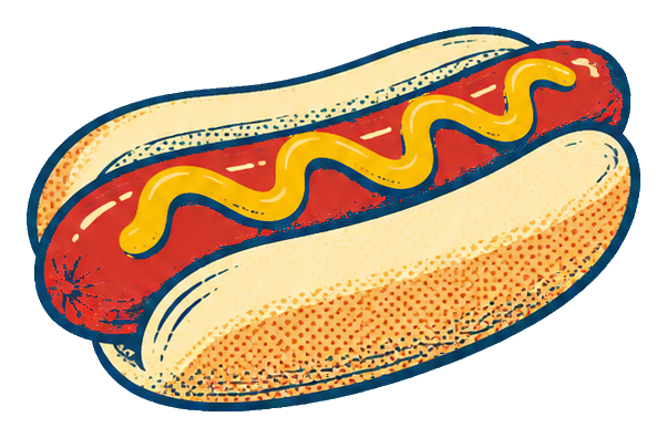 Retro-style hot dog sticker with ketchup and mustard in a diner illustration