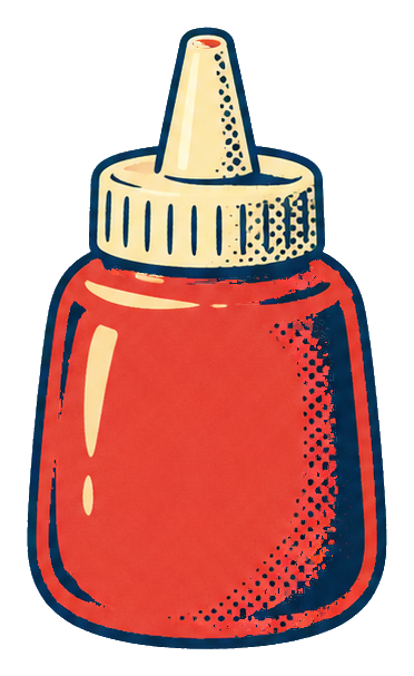 Retro red ketchup bottle sticker with a cream-colored cap and vintage style shading