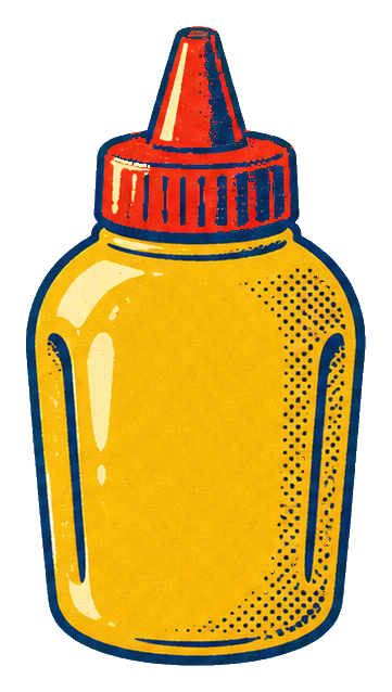 Yellow mustard bottle with a red cap in a retro diner style