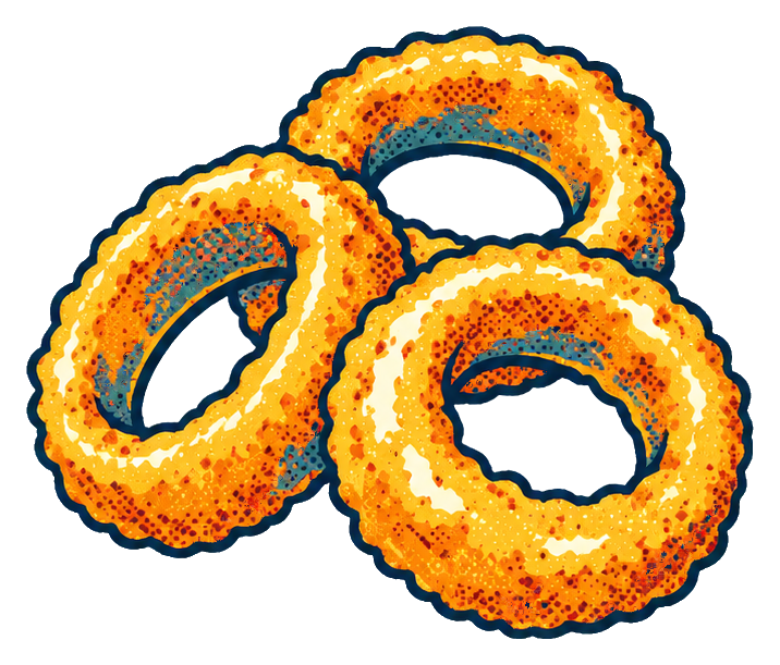 Three golden onion rings arranged in a retro diner-style sticker graphic.