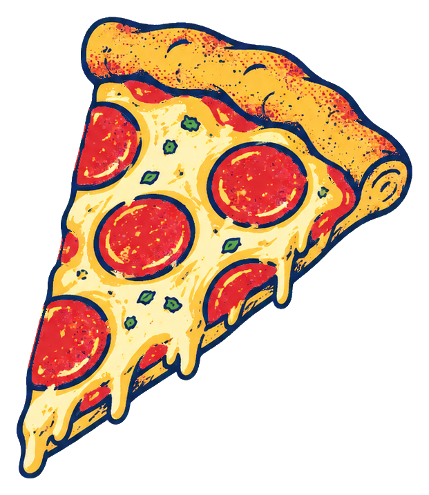 A retro-style pizza slice with pepperoni on a dark outline