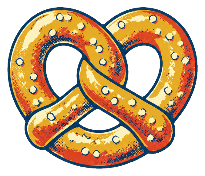 Orange retro pretzel sticker with dotted highlights and a vintage diner style