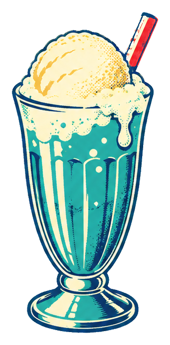 Illustrated soda float in a tall glass with a straw and creamy topping