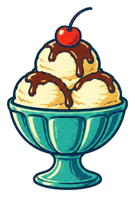 Retro-style ice cream sundae in a teal dish with chocolate sauce and a cherry on top