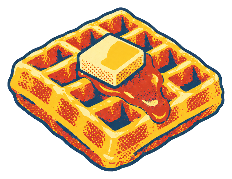 Vintage-style waffle with butter and syrup in a retro diner sticker design