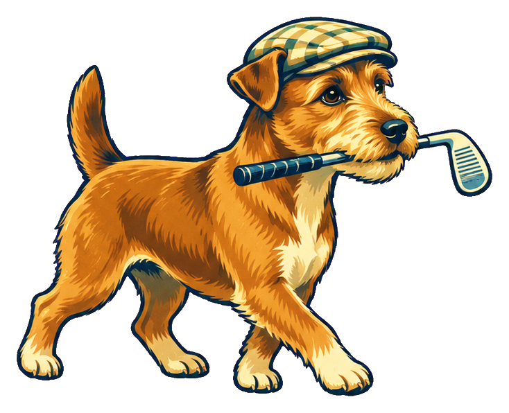 Retro dog caddie carrying a golf club in a vintage style sticker.
