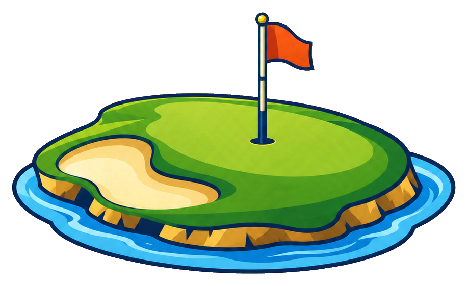 Retro-style golf island green with flag on a blue water border