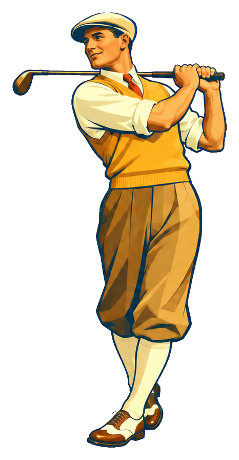 Retro art deco golfer in mid swing holding a golf club