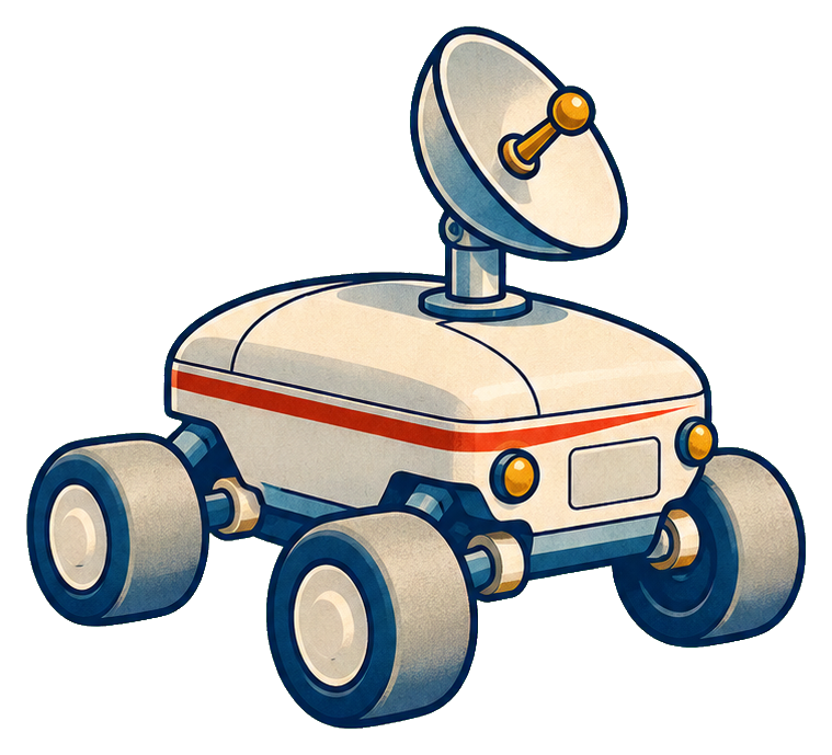 Retro lunar rover sticker with satellite dish and four wheels