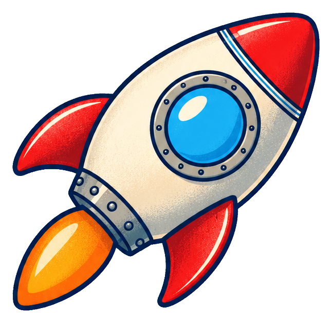 Colorful retro rocket ship with red fins and a blue window on a cream body