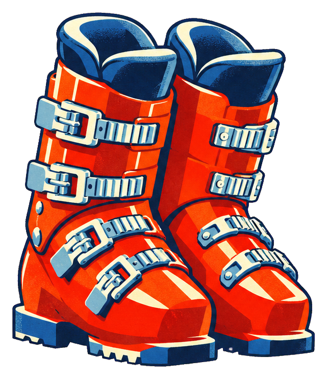 Orange retro ski boots with blue cuffs and silver buckles