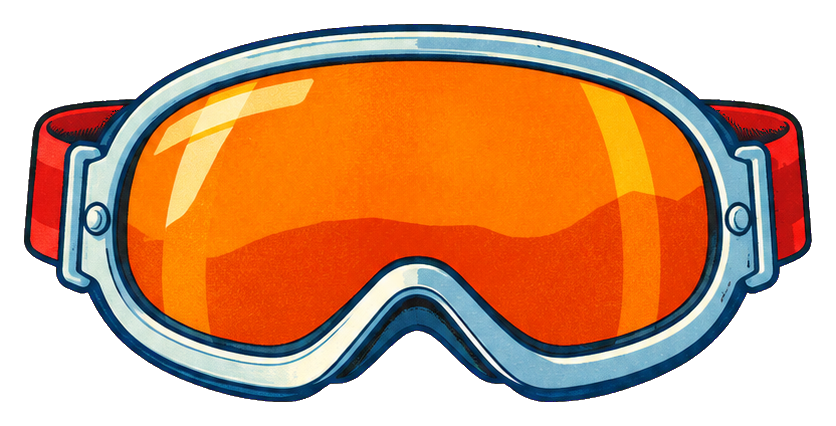 Retro orange ski goggles with a blue frame and red side straps