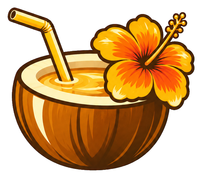 Coconut drink in a shell with a straw and hibiscus flower sticker