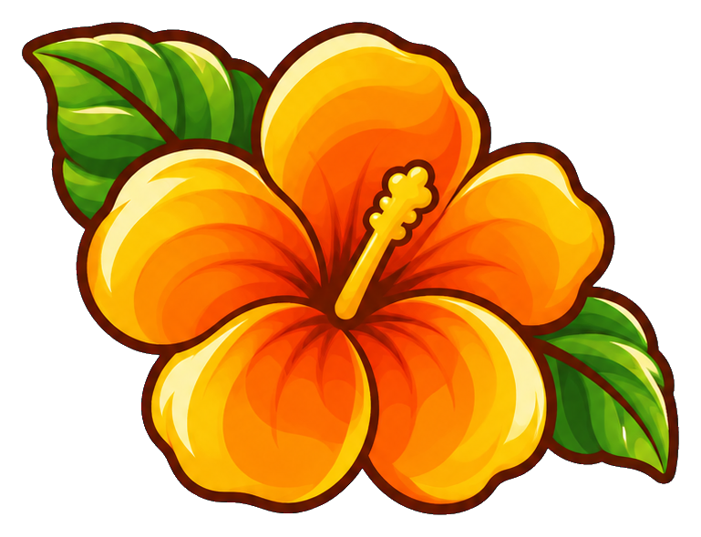 Orange hibiscus flower with green leaves in a retro surf style