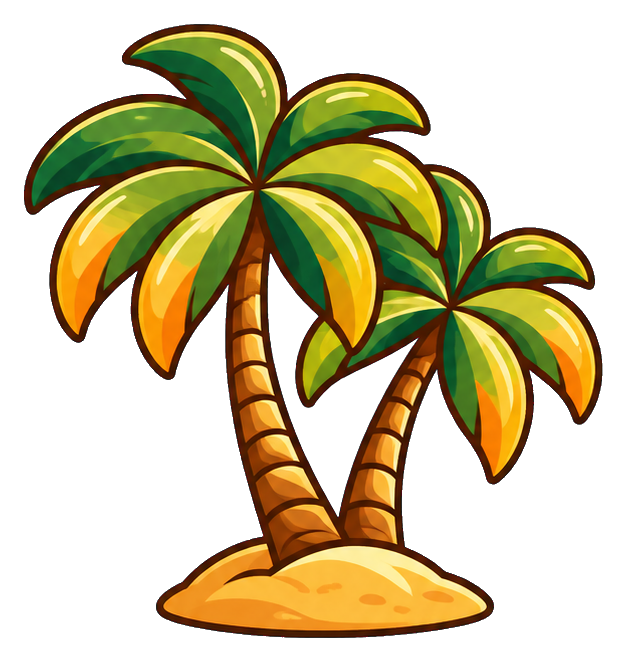Two retro palm trees growing from a small sandy mound.