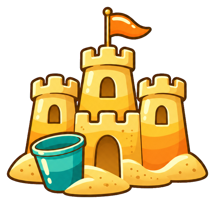 Retro-style sandcastle with an orange flag and a blue beach bucket.