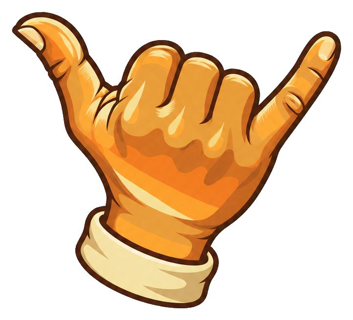 Orange retro shaka hand gesture sticker with a cream cuff