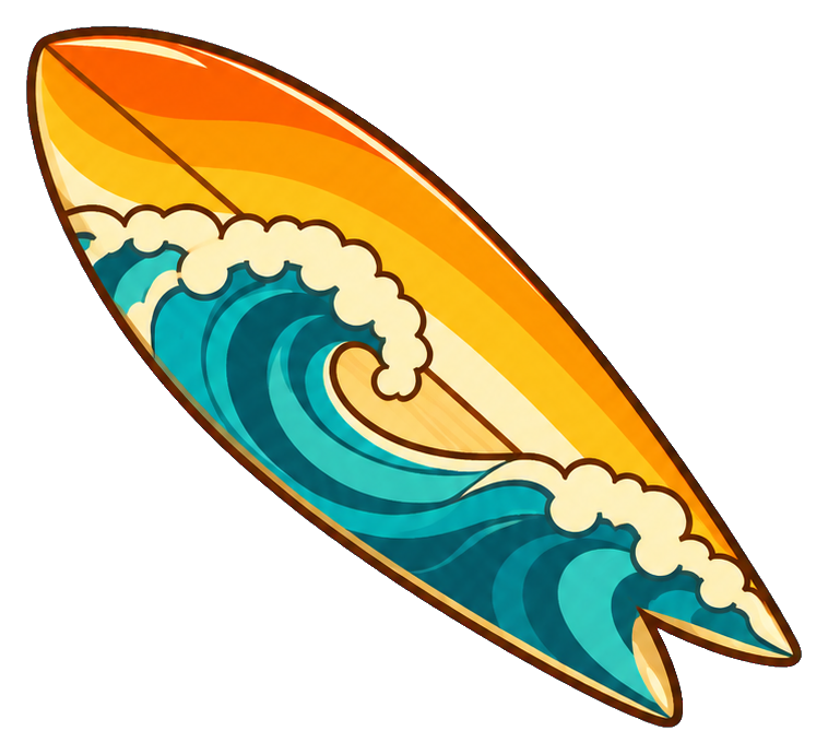 Retro orange surfboard sticker with a blue ocean wave and foam.