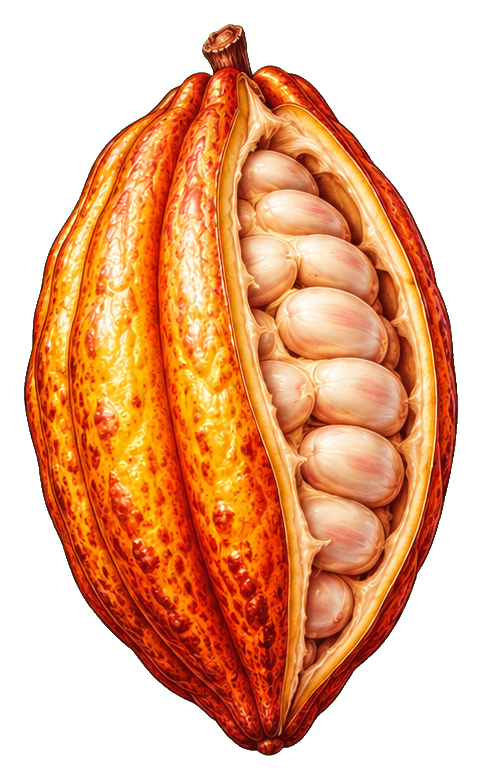 A ripe cacao pod split open to reveal rows of cocoa beans.