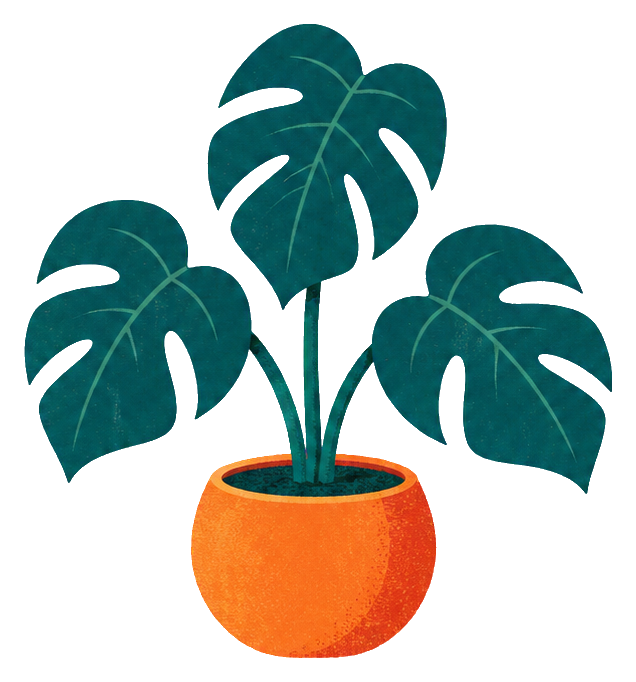 Risograph-style monstera plant in an orange pot with three green leaves.
