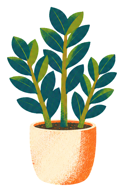 A risograph-style ZZ plant in a speckled orange pot.